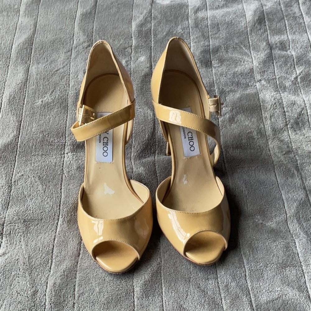Jimmy Choo Tan Heels Elegant Peep Toe